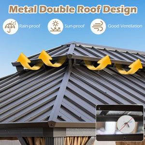 16 x 12 Feet Hardtop Gazebo Aluminum Frame Permanent Pavilion with Curtains and Netting-Coffee