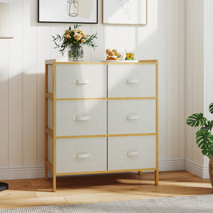 Fabric Dresser with 6 Drawers with 6 Folding Fabric Bins for Bedroom Living Room-Natural