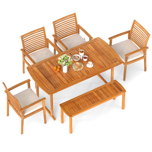 6 Pieces Outdoor Acacia Wood Dining Set with Umbrella Hole