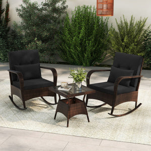 3 Pieces Outdoor Rocking Chair Set with Tempered Glass Coffee Table Black