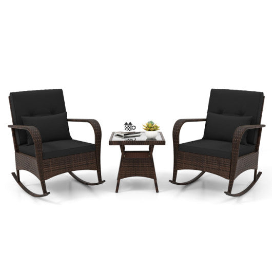 3 Pieces Outdoor Rocking Chair Set with Tempered Glass Coffee Table Black