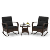 3 Pieces Outdoor Rocking Chair Set with Tempered Glass Coffee Table Black