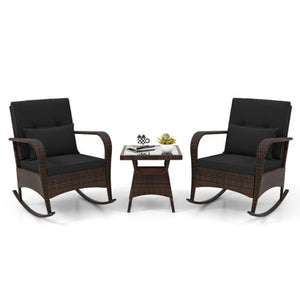 3 Pieces Outdoor Rocking Chair Set with Tempered Glass Coffee Table Black