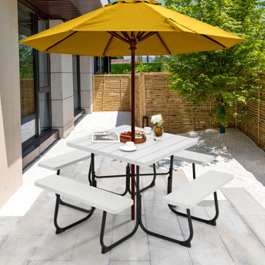 8-person Outdoor Picnic Table with 4 Benches and Umbrella Hole White