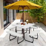 8-person Outdoor Picnic Table with 4 Benches and Umbrella Hole White