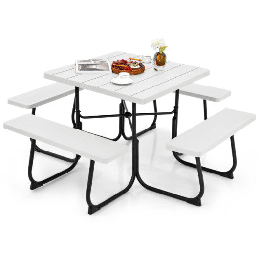 8-person Outdoor Picnic Table with 4 Benches and Umbrella Hole White