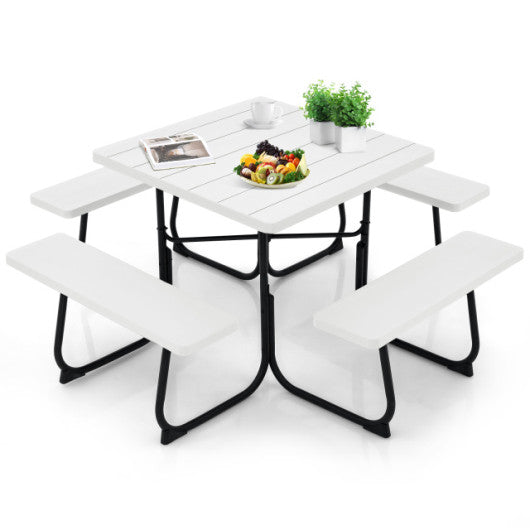 8-person Outdoor Picnic Table with 4 Benches and Umbrella Hole White