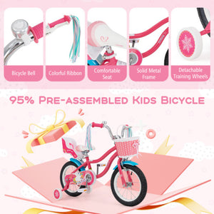 14 Inch Girls Bike with Doll Seat and Basket for 3-5 Years Olds Pink