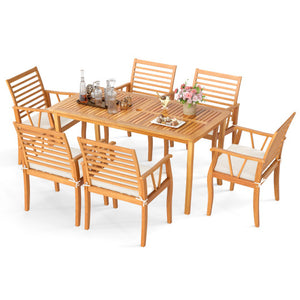 7 Pieces Acacia Wood Patio Dining Set with 1.97 Inch Umbrella Hole and Padded Cushions