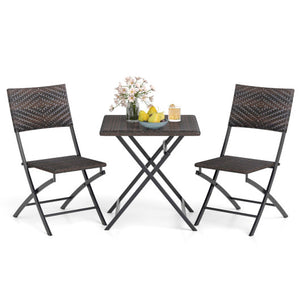 3 Piece Rattan Bistro Set Outdoor Folding Dining Table and Chairs with Wicker Seat