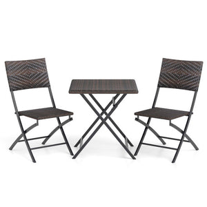 3 Piece Rattan Bistro Set Outdoor Folding Dining Table and Chairs with Wicker Seat