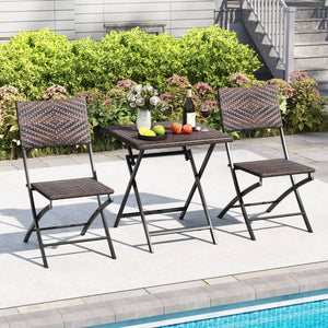 3 Piece Rattan Bistro Set Outdoor Folding Dining Table and Chairs with Wicker Seat