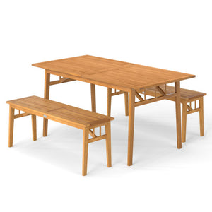 3 Pieces Patio Dining Set Acacia Wood Outdoor Rectangular Picnic Table and 2 Benches