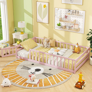 Twin Size Montessori Floor Bed Frame with Full Length Safety Guardrails-Pink