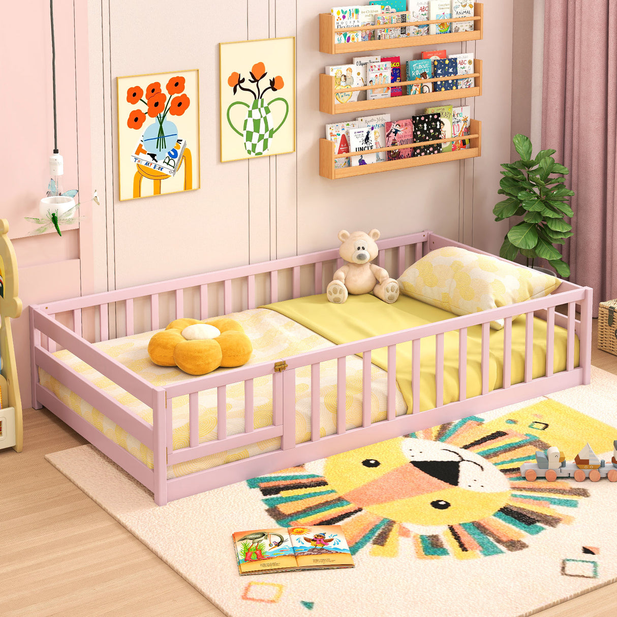 Twin Size Montessori Floor Bed Frame with Full Length Safety Guardrails-Pink