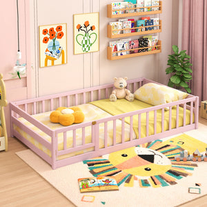 Twin Size Montessori Floor Bed Frame with Full Length Safety Guardrails-Pink