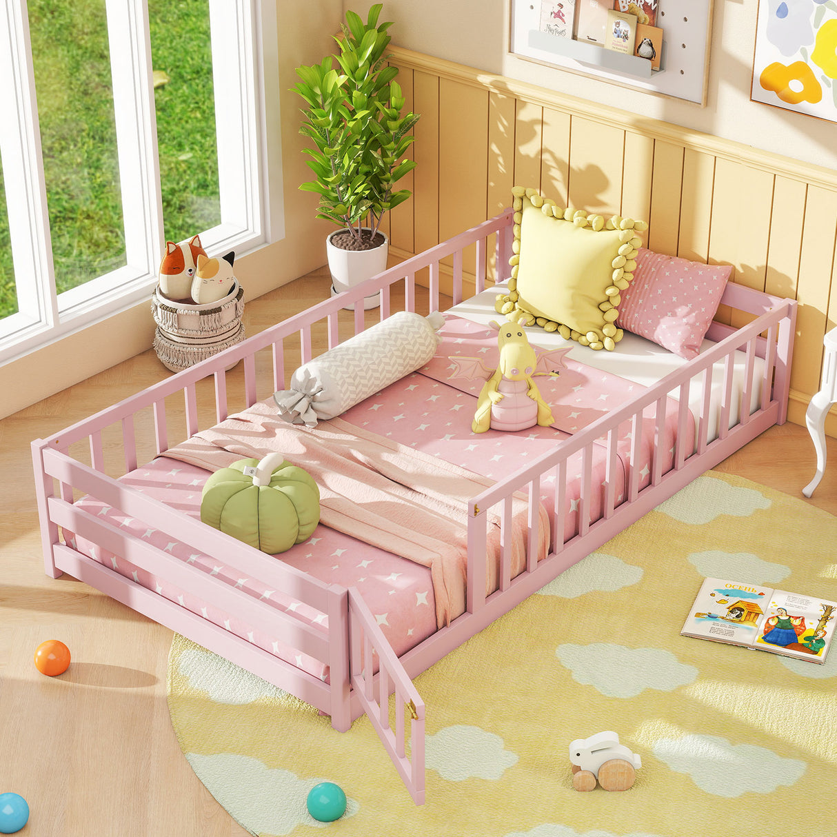 Twin Size Montessori Floor Bed Frame with Full Length Safety Guardrails-Pink