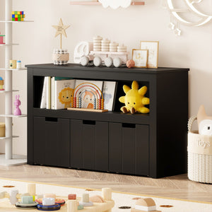 Kid Toy Storage Cabinet Drawer Chest with Wheels and Large Storage Cube Shelf-Black