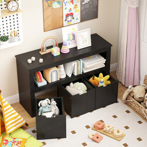 Kid Toy Storage Cabinet Drawer Chest with Wheels and Large Storage Cube Shelf-Black