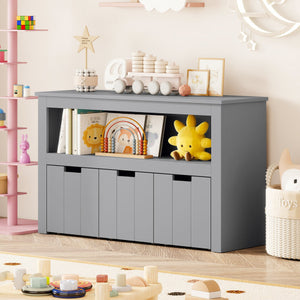 Kid Toy Storage Cabinet Drawer Chest with Wheels and Large Storage Cube Shelf-Gray