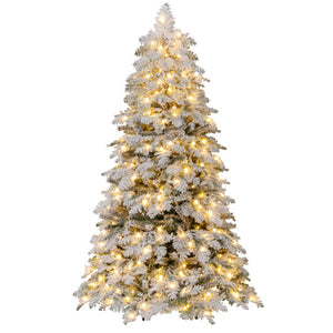 6/7 Feet Artificial Snow-flocked Christmas Tree Pre-lit Hinged Xmas Tree with 130 Twinkle Balls-6 Feet