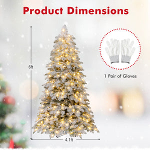 6/7 Feet Artificial Snow-flocked Christmas Tree Pre-lit Hinged Xmas Tree with 130 Twinkle Balls-6 Feet