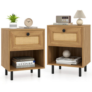 Rattan Nightstand Boho End Table with Rattan Drawer and Open Shelf Set of 2-Natural