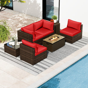 7 Pieces Outdoor Furniture Set with 32 Inch Fire Pit Table and Propane Tank Cover-Red
