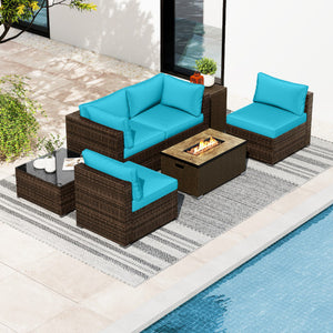 7 Pieces Outdoor Furniture Set with 32 Inch Fire Pit Table and Propane Tank Cover-Turquoise