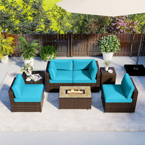 7 Pieces Outdoor Furniture Set with 32 Inch Fire Pit Table and Propane Tank Cover-Turquoise