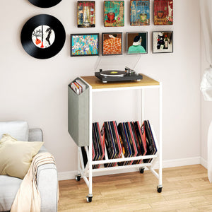Rolling Record Player Stand 2-Tier with Vinyl Storage and Magazine Holder Bag-Natural