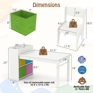 Kids Art Table and Chairs Set with 2 Chairs and Paper Roll-White