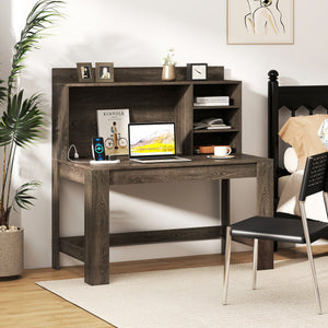 Modern Computer Desk with Hutch and Storage Shelves-Oak
