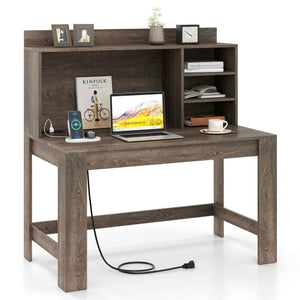 Modern Computer Desk with Hutch and Storage Shelves-Oak