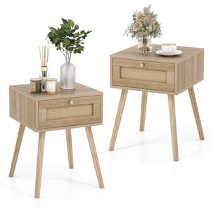 Set of 2 Modern Rattan Nightstand with Drawer and Solid Wood Legs for Bedroom and Living Room-Oak