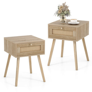 Set of 2 Modern Rattan Nightstand with Drawer and Solid Wood Legs for Bedroom and Living Room-Oak