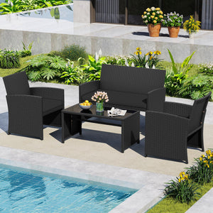 4 Pieces Patio Furniture Set with Tempered Glass Tabletop and Removable Cushion-Black
