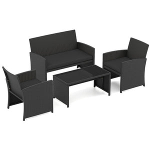 4 Pieces Patio Furniture Set with Tempered Glass Tabletop and Removable Cushion-Black