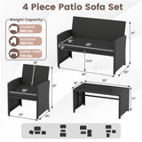 4 Pieces Patio Furniture Set with Tempered Glass Tabletop and Removable Cushion-Black