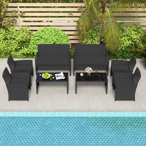 4 Pieces Patio Furniture Set with Tempered Glass Tabletop and Removable Cushion-Black