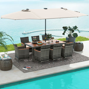 11 Pieces Patio Dining Set with 15 Feet Double-Sided Patio Umbrella Base Included-Beige