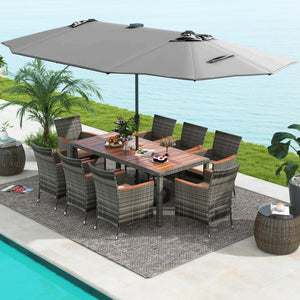 11 Pieces Patio Dining Set with 15 Feet Double-Sided Patio Umbrella Base Included-Gray