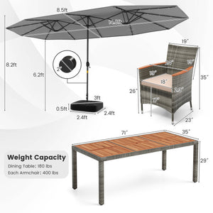 11 Pieces Patio Dining Set with 15 Feet Double-Sided Patio Umbrella Base Included-Gray