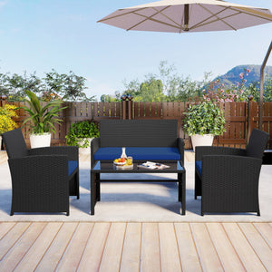 4 Pieces Patio Furniture Set with Tempered Glass Tabletop and Removable Cushion-Navy