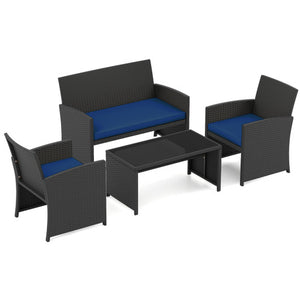 4 Pieces Patio Furniture Set with Tempered Glass Tabletop and Removable Cushion-Navy