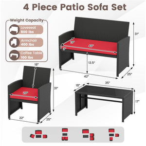 4 Pieces Patio Furniture Set with Tempered Glass Tabletop and Removable Cushion-Red