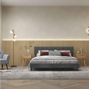 Modern 3-Piece Bedroom Furniture Set with Upholstered Queen Bed  2 Rattan Nightstands and 3-Globe Floor Lamp