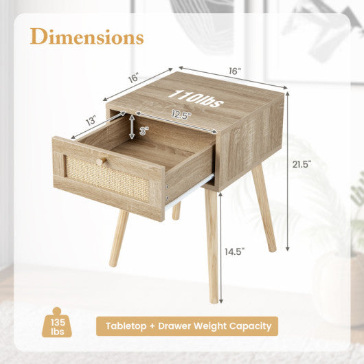 Modern 3-Piece Bedroom Furniture Set with Upholstered Queen Bed  2 Rattan Nightstands and 3-Globe Floor Lamp