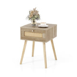Modern 3-Piece Bedroom Furniture Set with Upholstered Queen Bed  2 Rattan Nightstands and 3-Globe Floor Lamp