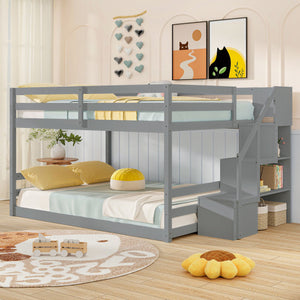 Solid Wood Full Over Full Low Bunk Bed with Storage Stairs-Gray